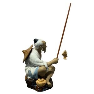 Vintage Asian Fisherman Ceramic Figurine Seated Man Fishing Hand Painted MCM